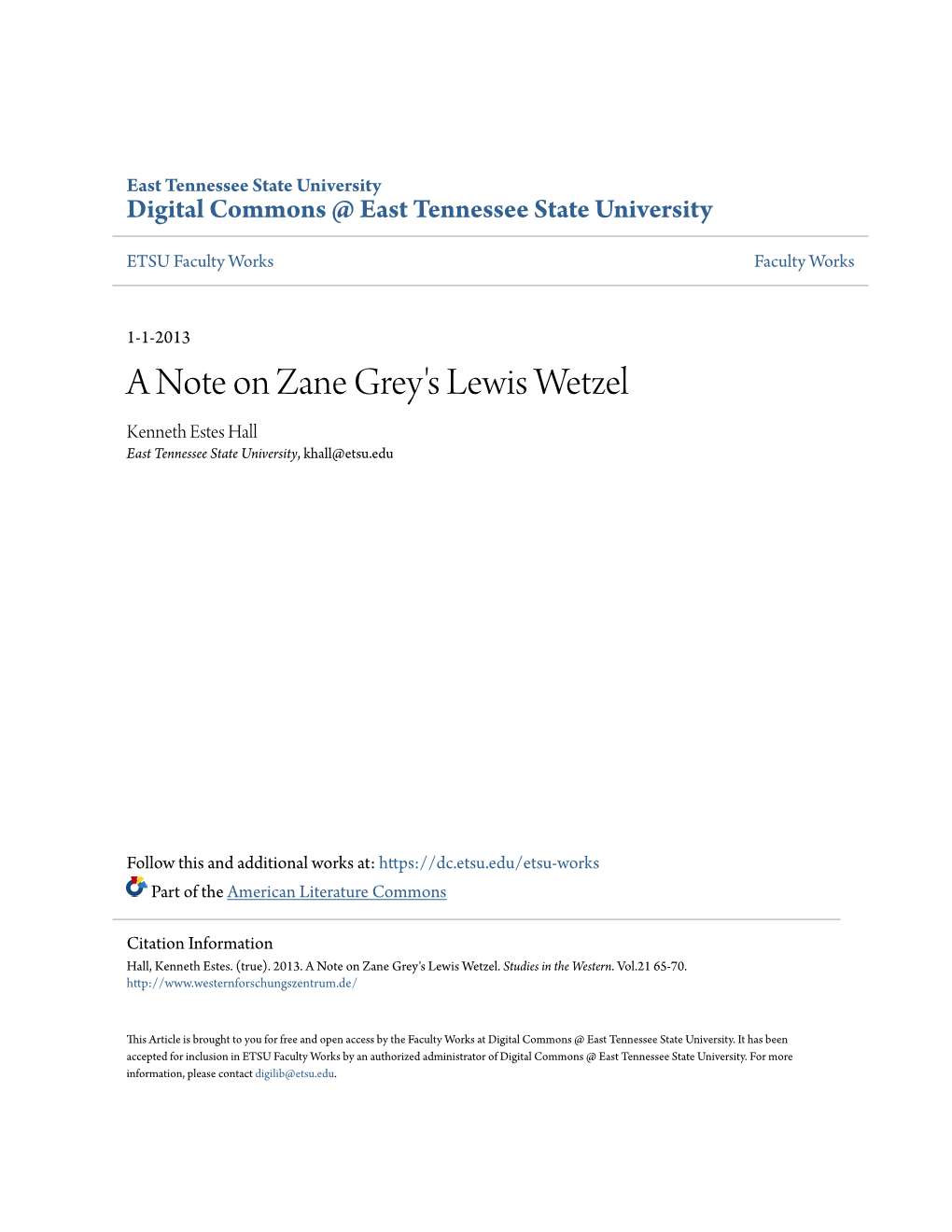 A Note on Zane Grey's Lewis Wetzel Kenneth Estes Hall East Tennessee State University, Khall@Etsu.Edu