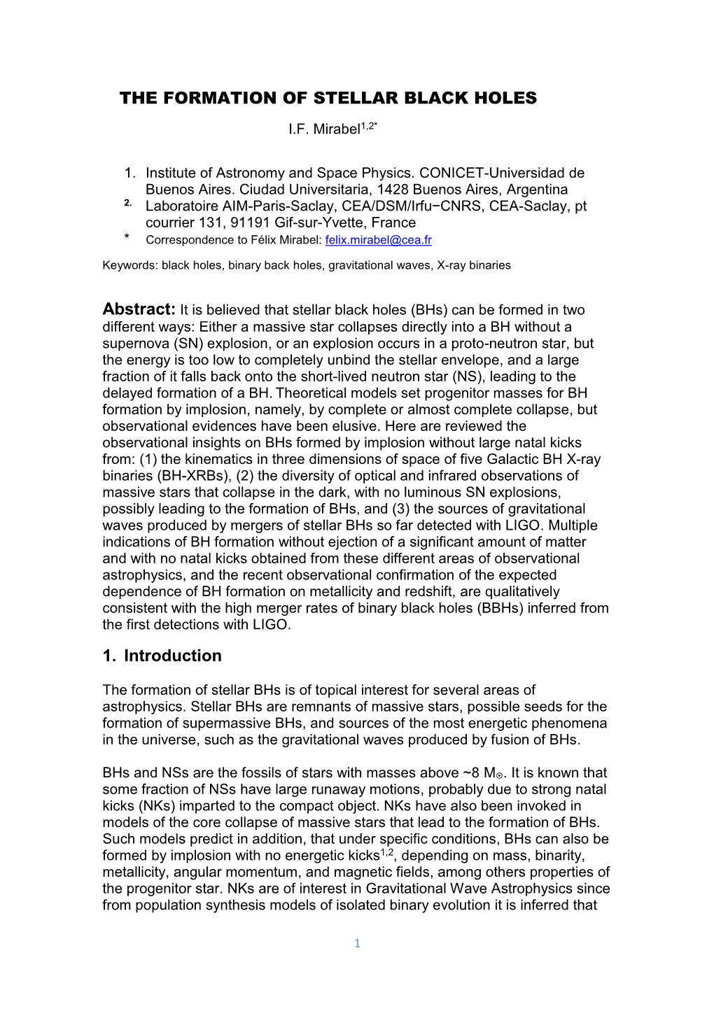 THE FORMATION of STELLAR BLACK HOLES 1. Introduction