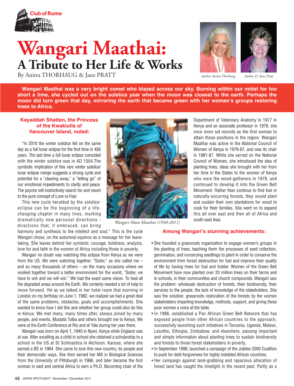 Wangari Maathai: a Tribute to Her Life & Worksspecial Ssue I by Anitra THORHAUG & Jane PRATT Author Anitra Thorhaug Author D