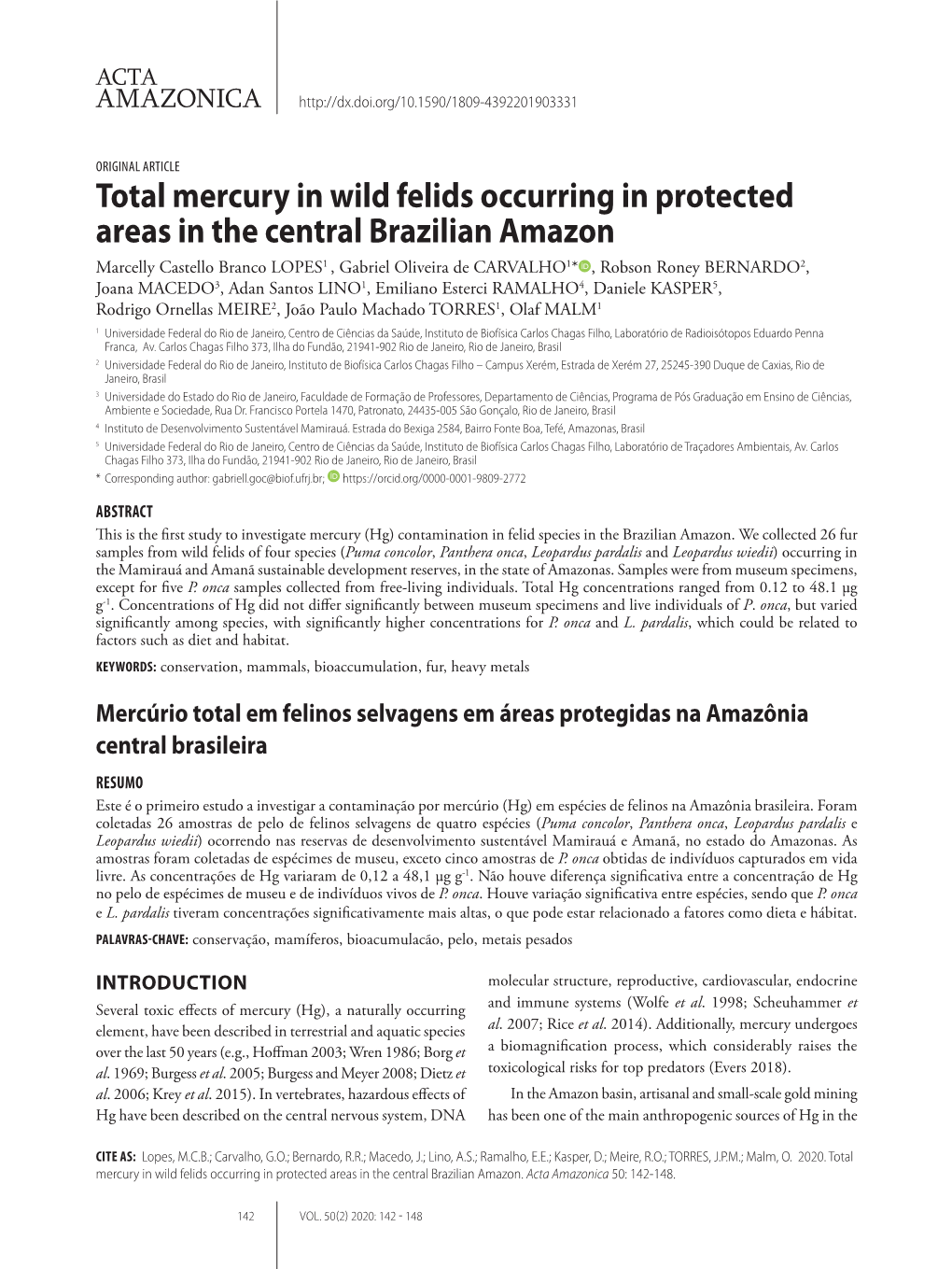 Total Mercury in Wild Felids Occurring in Protected Areas in the Central