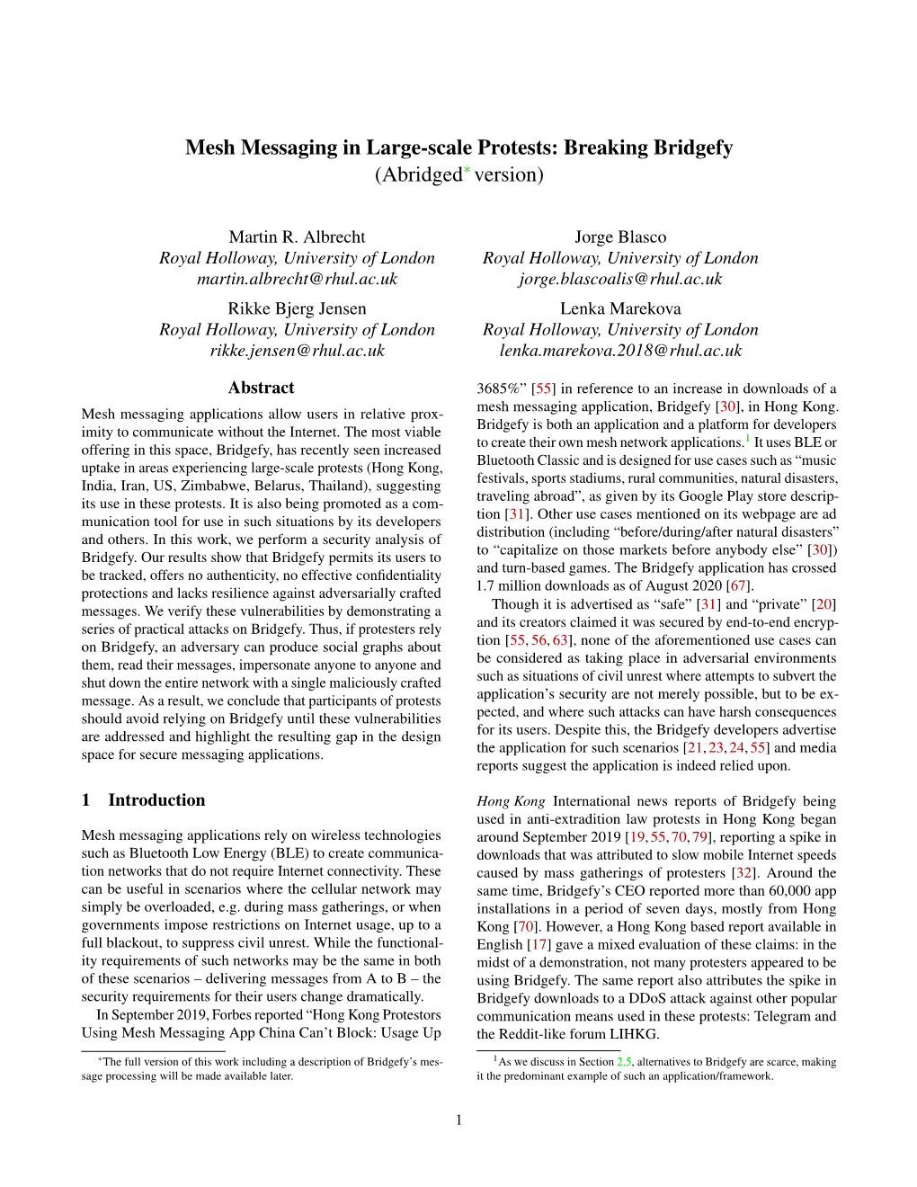 Mesh Messaging in Large-Scale Protests: Breaking Bridgefy (Abridged∗ Version)