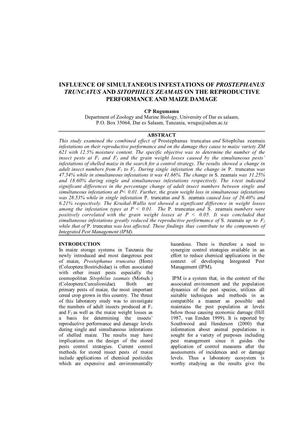 Influence of Simultaneous Infestations of Prostephanus Truncatus and Sitophilus Zeamais on the Reproductive Performance and Maize Damage