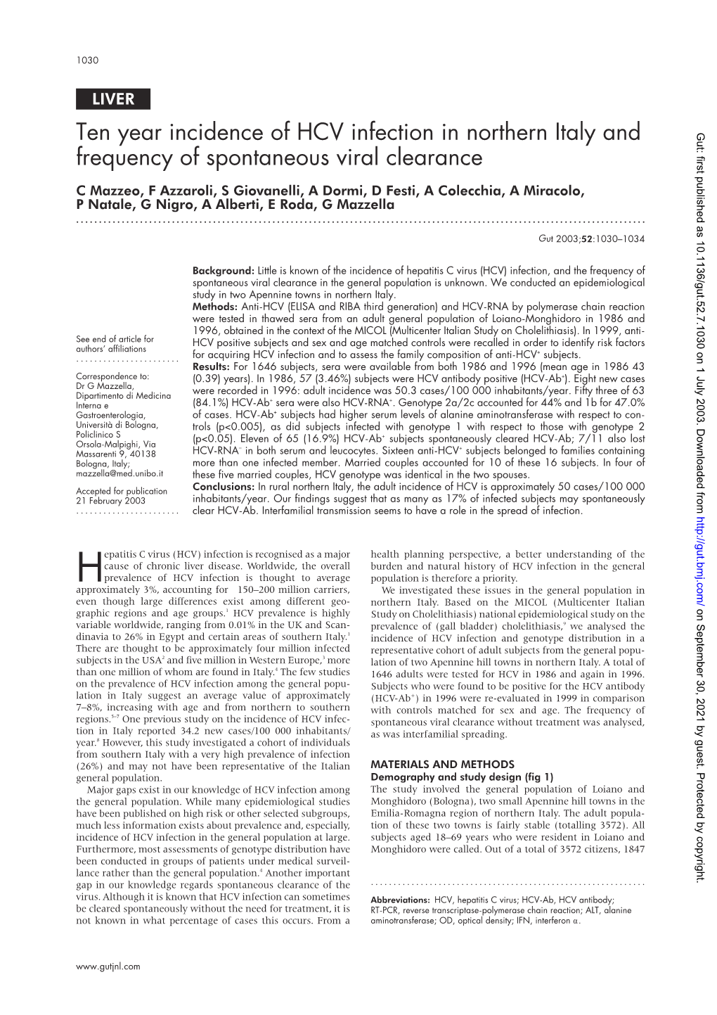 Ten Year Incidence of HCV Infection in Northern Italy and Frequency of Spontaneous Viral Clearance