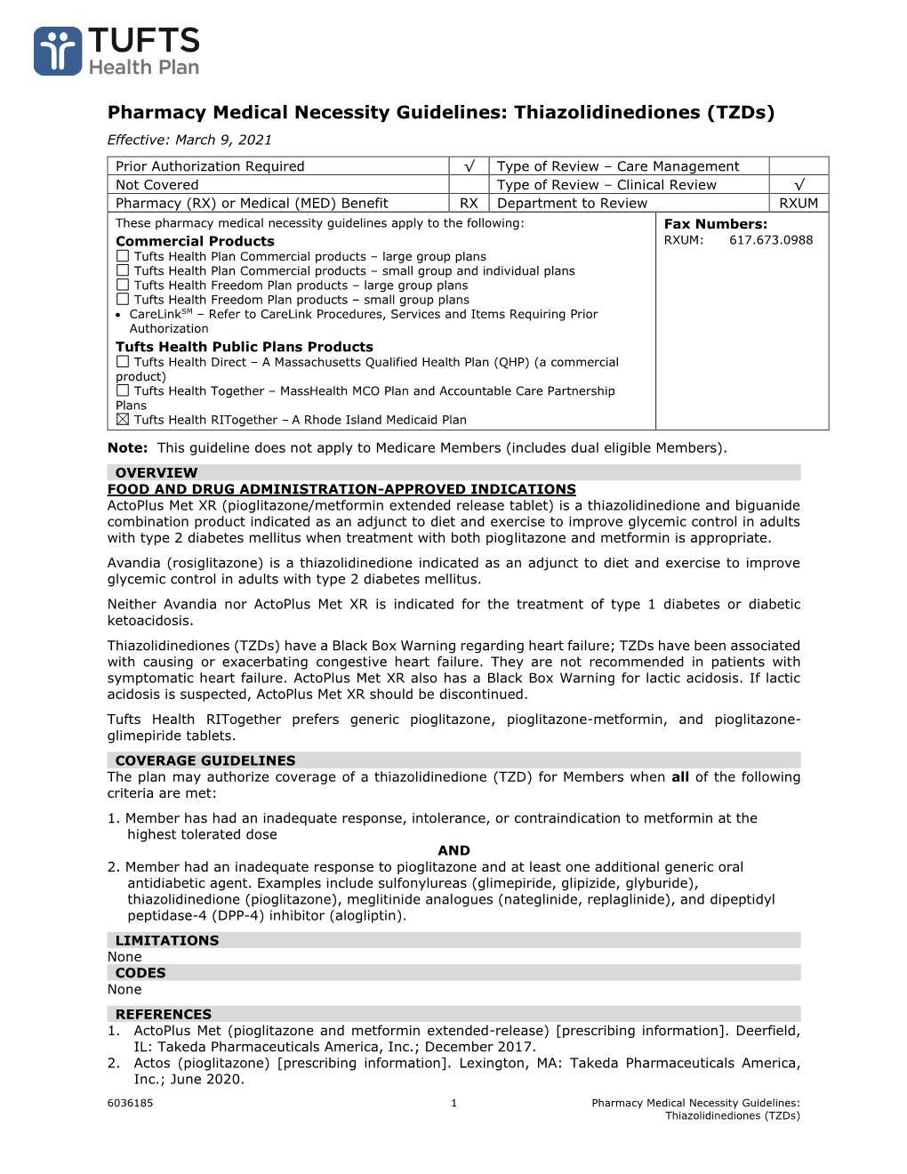 Pharmacy Medical Necessity Guidelines: Thiazolidinediones