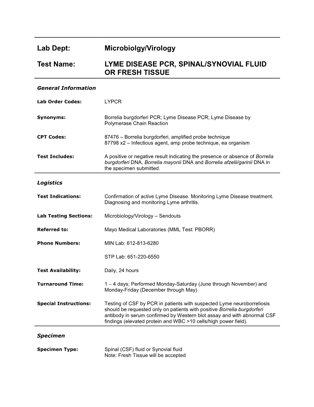 Lyme Disease PCR, Spinal Or Synovial Fluid