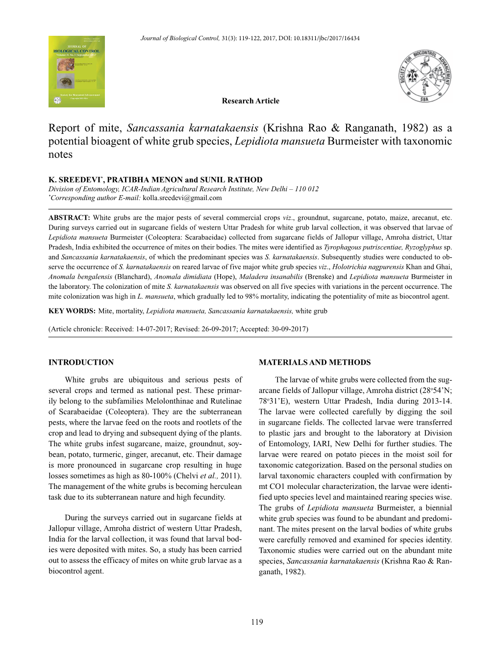 Report of Mite, Sancassania Karnatakaensis