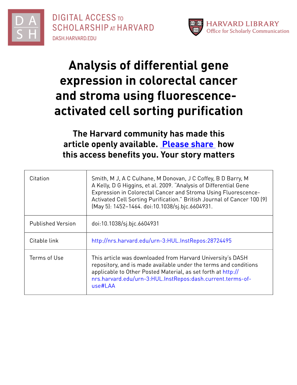 Analysis of Differential Gene Expression in Colorectal Cancer and Stroma Using Fluorescence- Activated Cell Sorting Purification