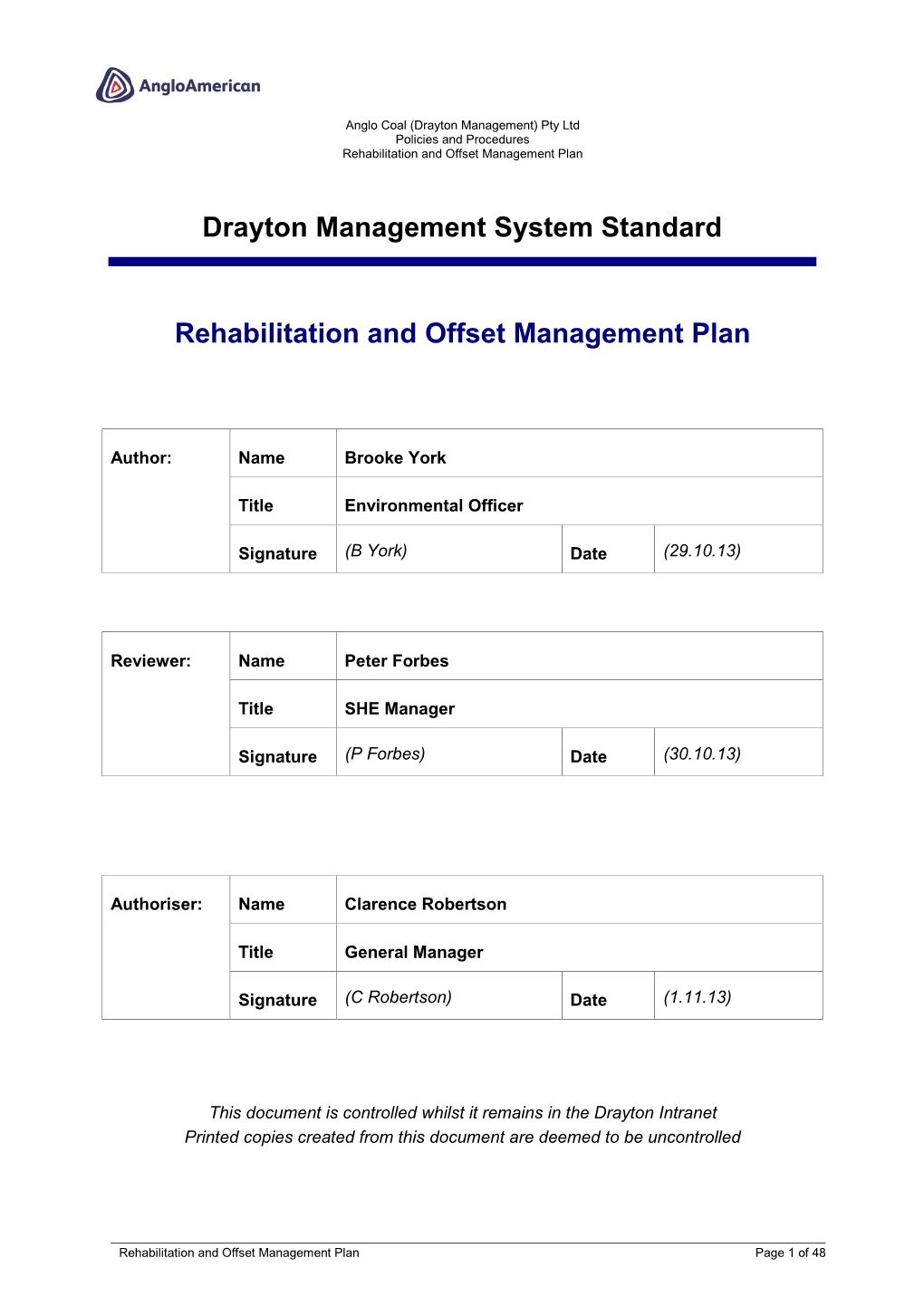 Drayton Management System Standard Rehabilitation and Offset