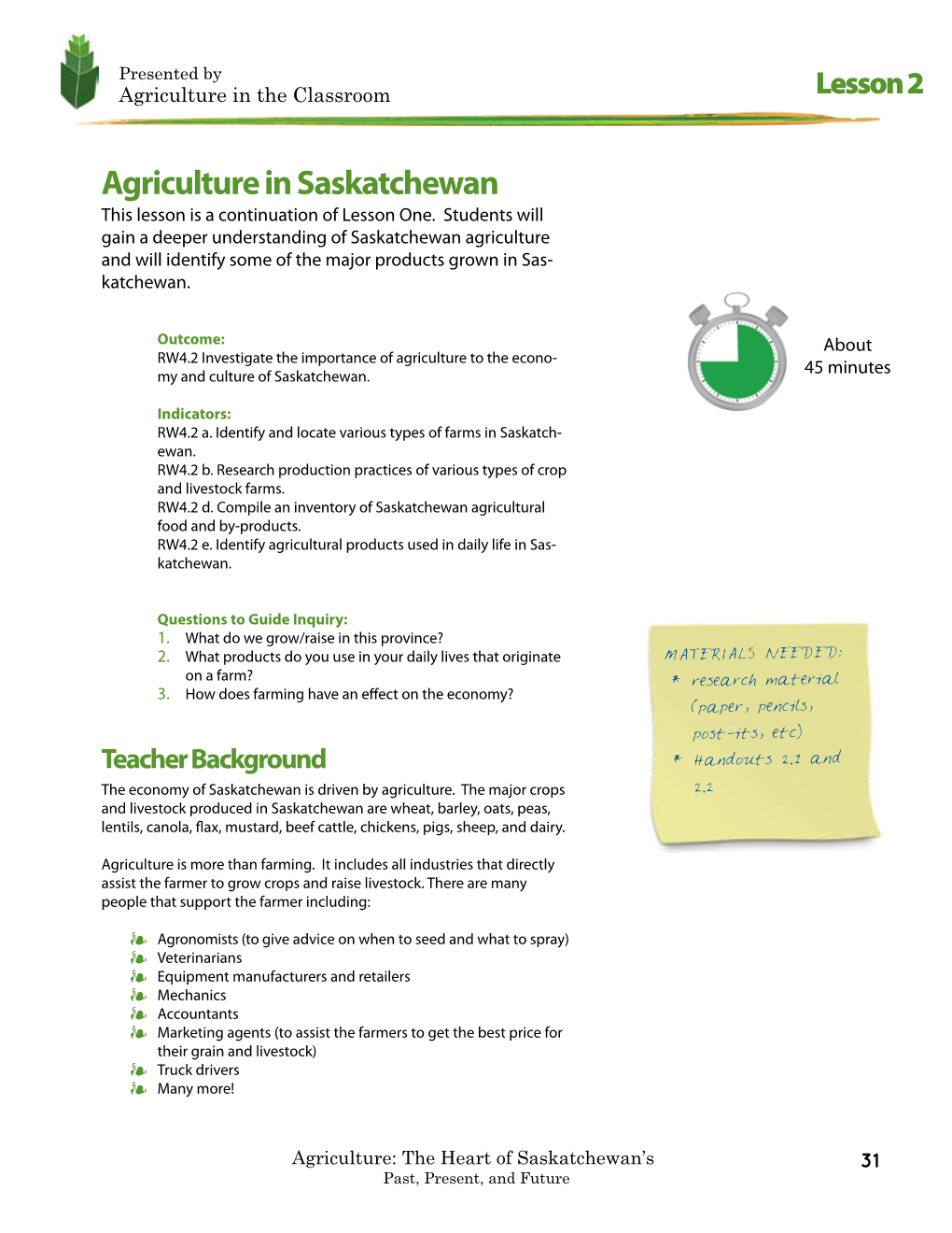 Agriculture in Saskatchewan This Lesson Is a Continuation of Lesson One