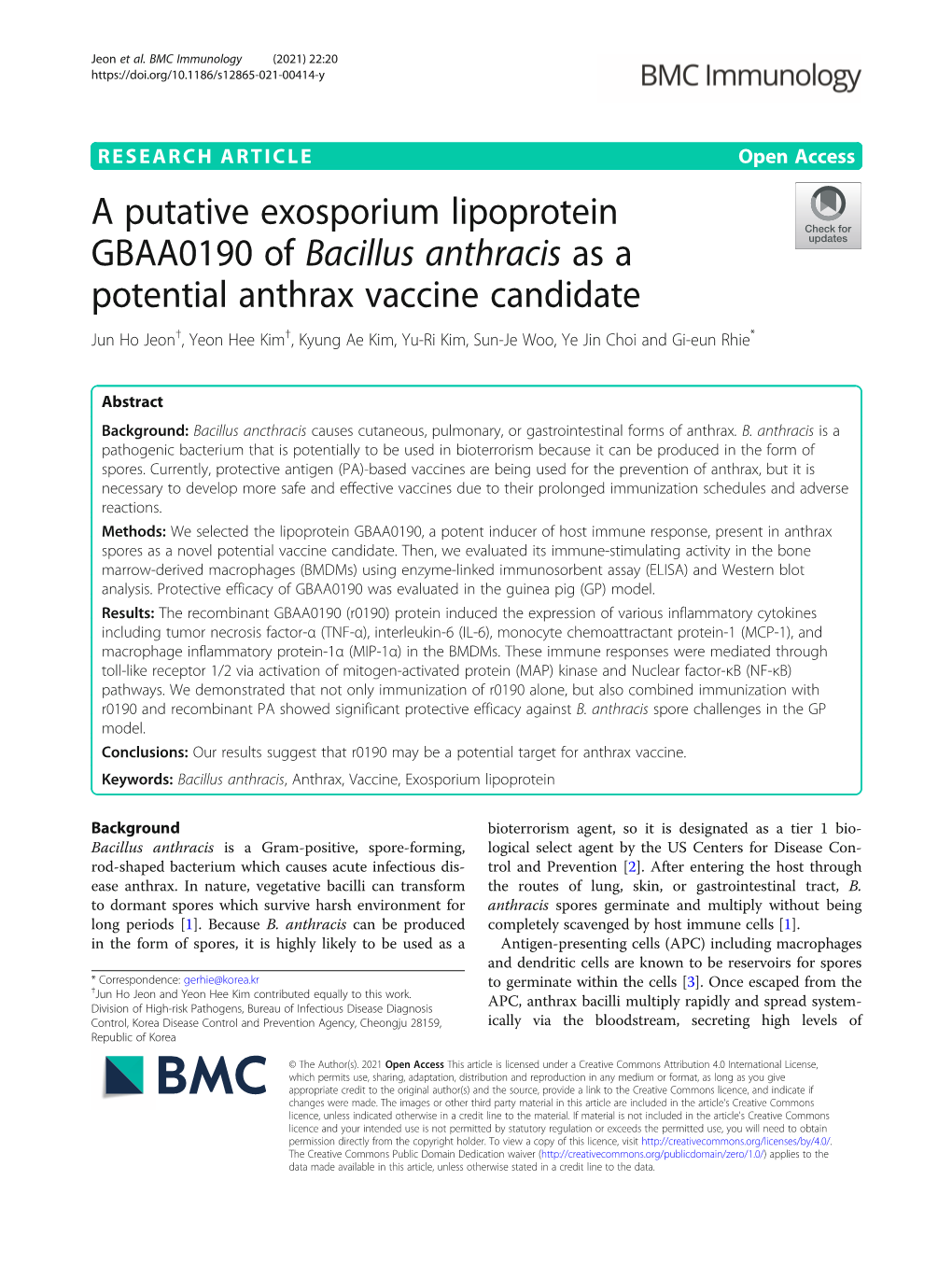 A Putative Exosporium Lipoprotein GBAA0190 of Bacillus Anthracis As