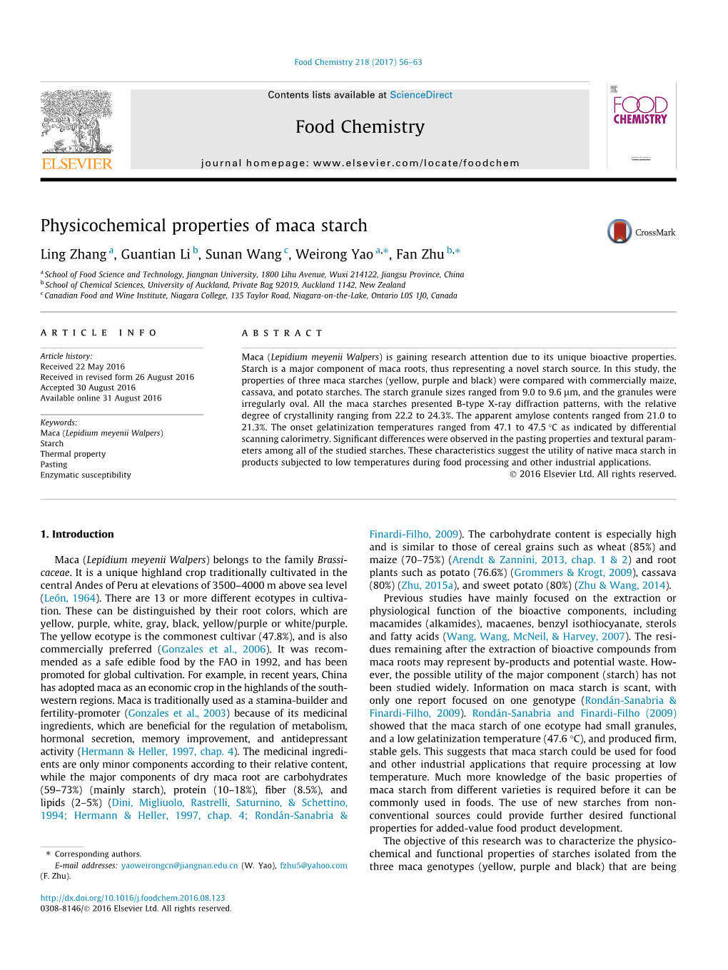 Physicochemical Properties of Maca Starch