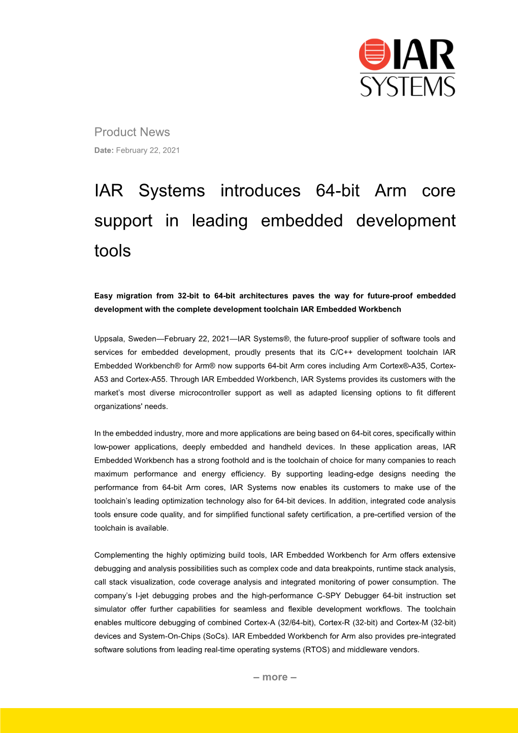 IAR Systems Introduces 64-Bit Arm Core Support in Leading Embedded Development Tools