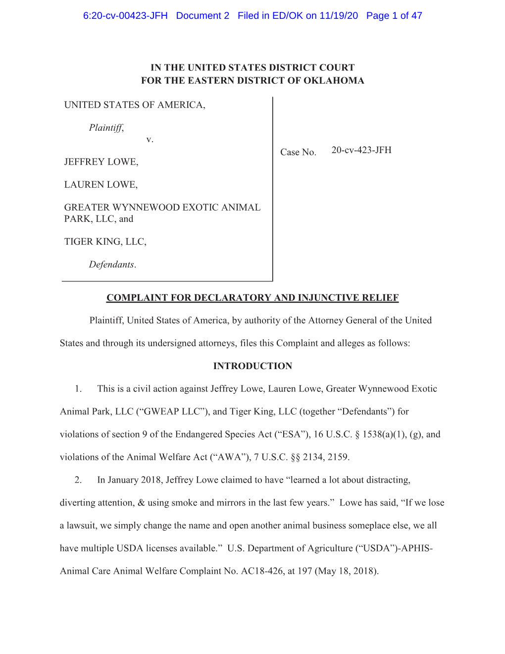 Justice Department Files Complaint Against Jeffrey Lowe and Tiger King