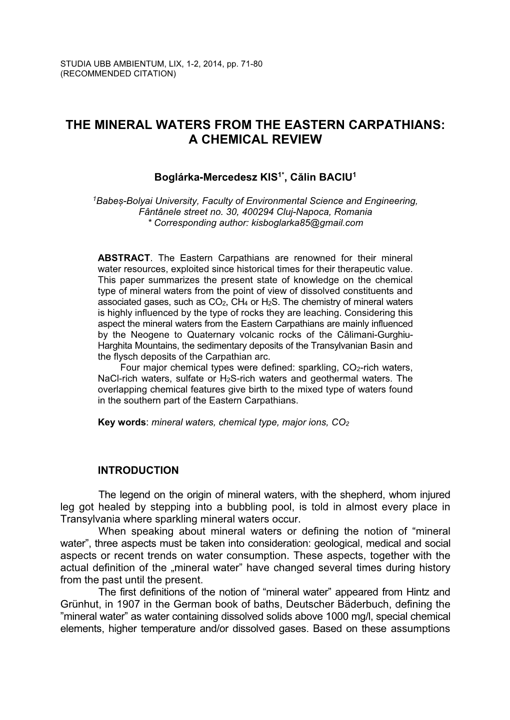 The Mineral Waters from the Eastern Carpathians: a Chemical Review