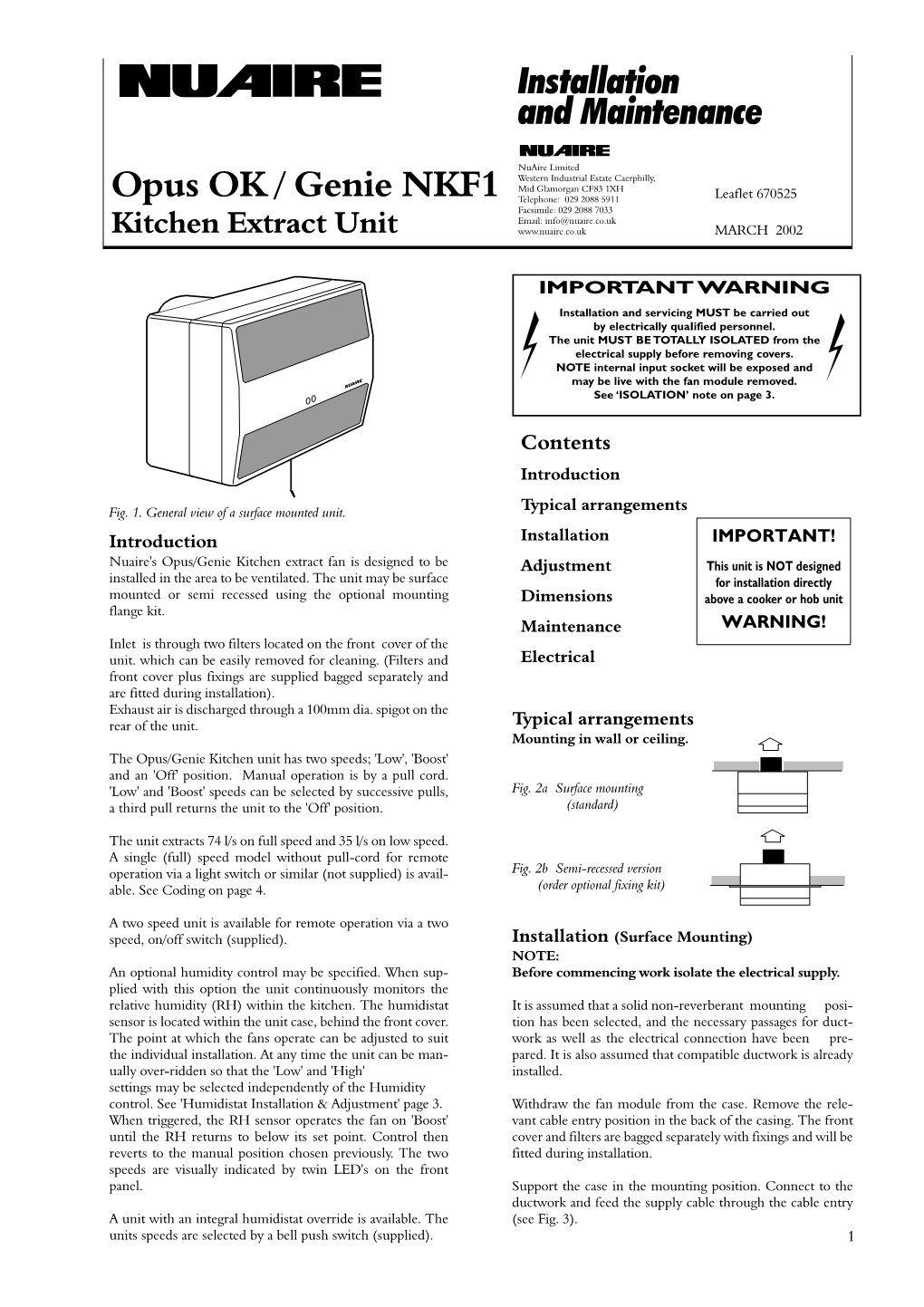 Opus OK / Genie NKF1 Kitchen Extract Unit Installation and Maintenance