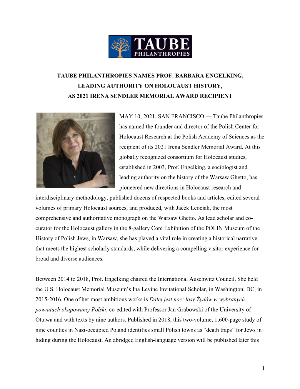 1 Taube Philanthropies Names Prof. Barbara Engelking