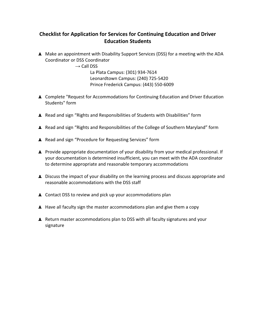 Checklist for Application for Services for Continuing Education and Driver Education Students