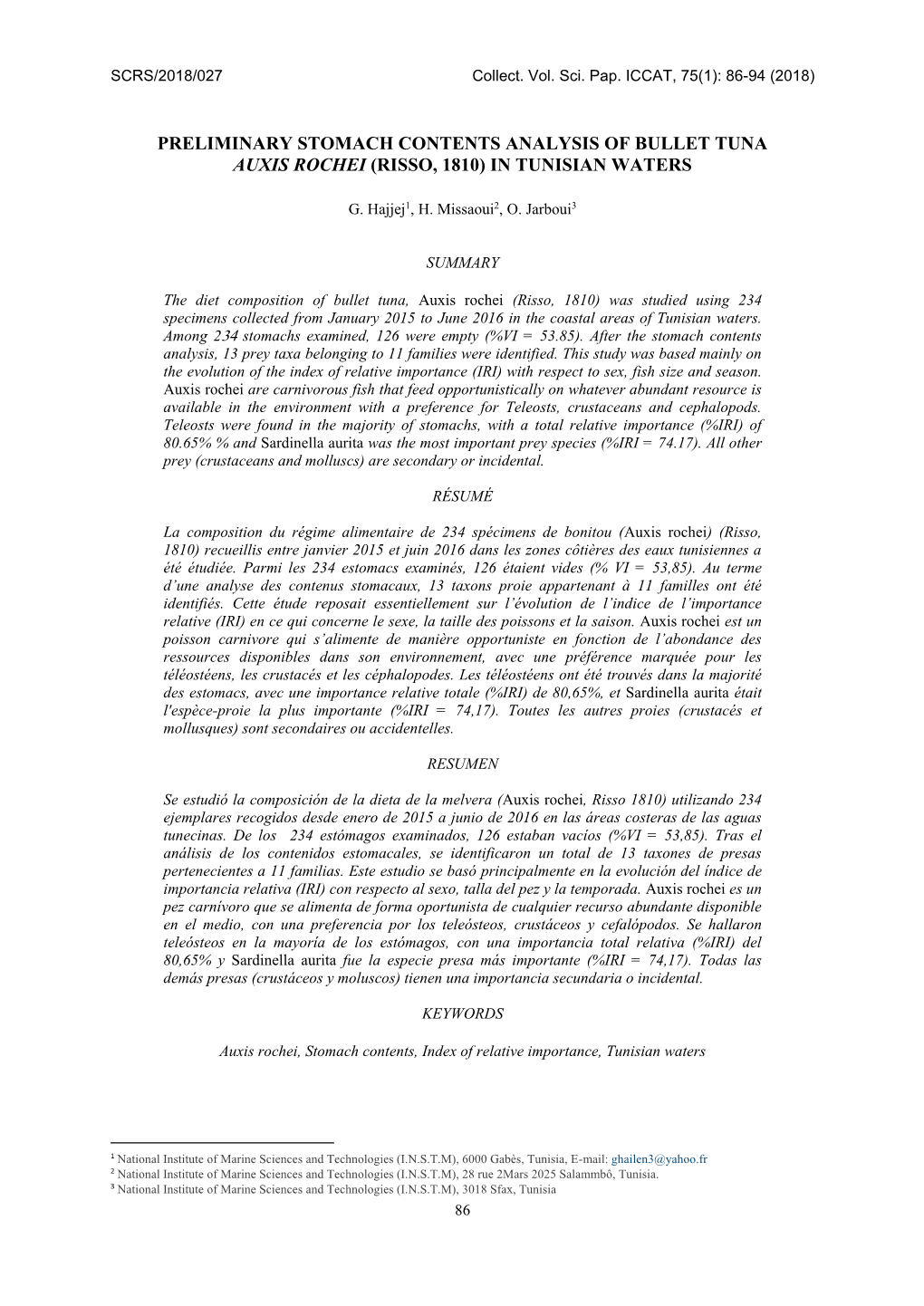 Preliminary Stomach Contents Analysis of Bullet Tuna Auxis Rochei (Risso, 1810) in Tunisian Waters