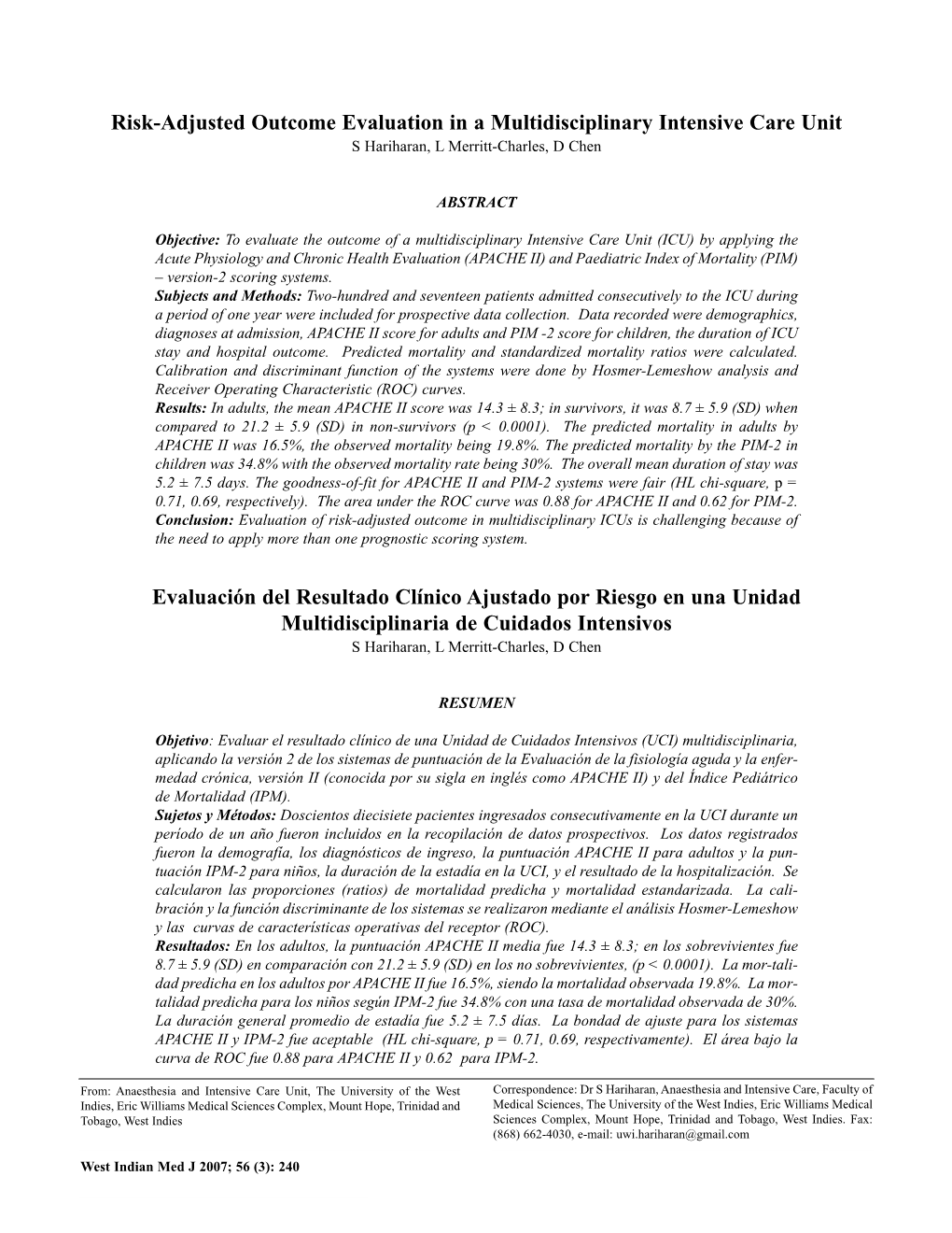 Hariharan, Risk-Adjusted Outcome Evaluation in a Mutlidisciplinary