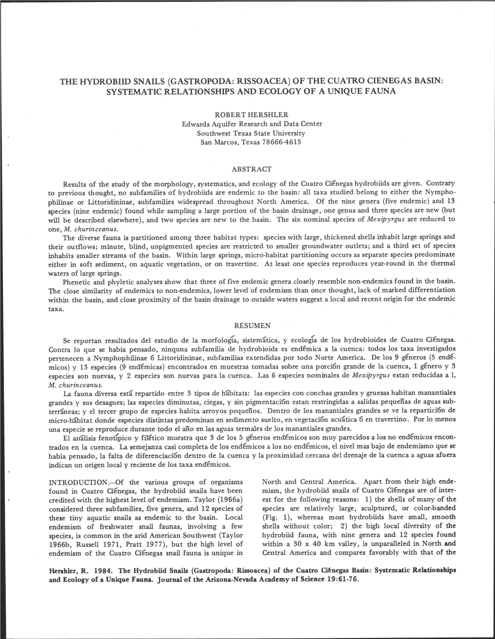 The Hydrobiid Snails (Gastropoda: Rissoacea) of the Cuatro Ctenegas Basin: Systematic Relationships and Ecology of a Unique Fauna