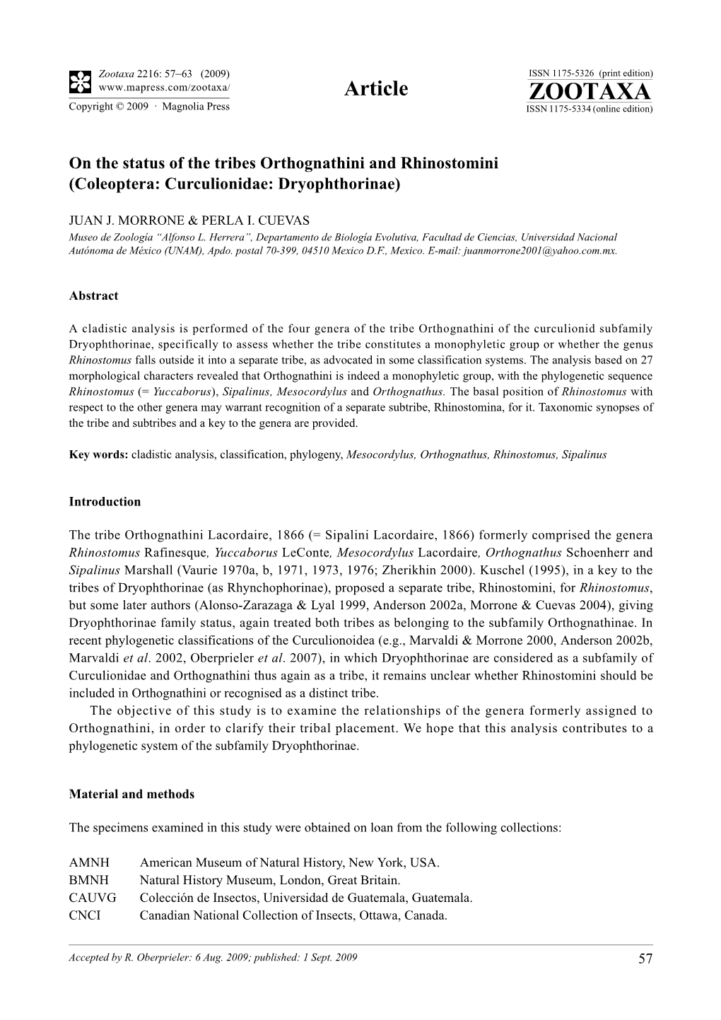 Zootaxa, on the Status of the Tribes Orthognathini And