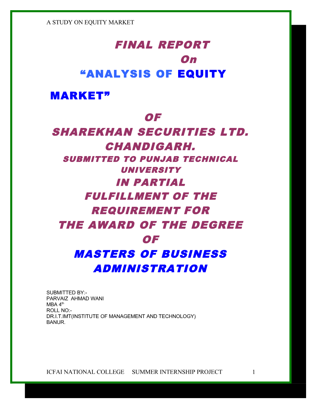 FINAL REPORT on of SHAREKHAN SECURITIES LTD. CHANDIGARH