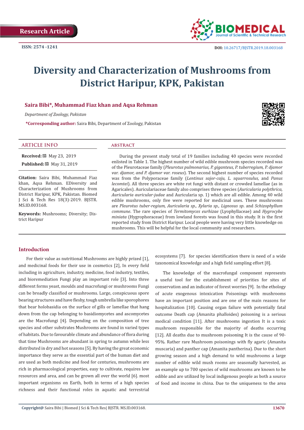 Diversity and Characterization of Mushrooms from District Haripur, KPK, Pakistan