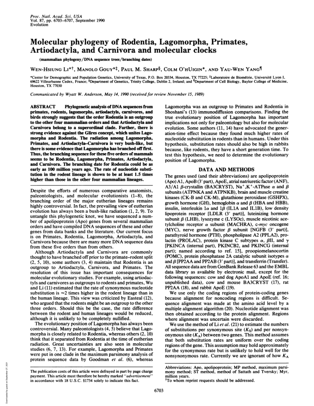 Molecular Phylogeny of Rodentia, Lagomorpha, Primates, Artiodactyla