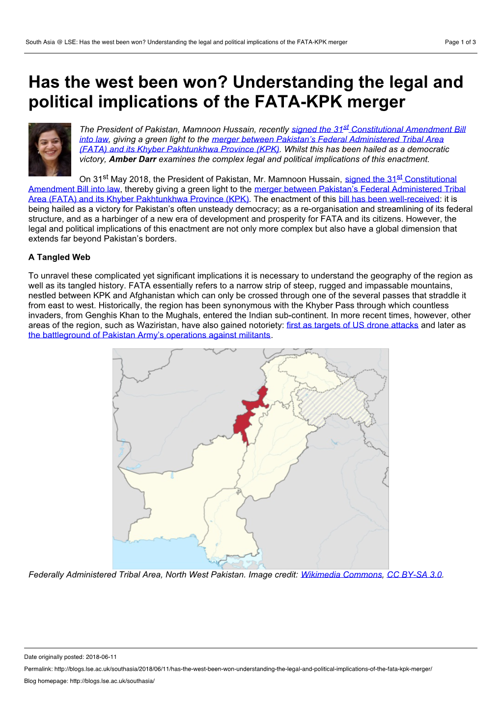 South Asia @ LSE: Has the West Been Won? Understanding the Legal and Political Implications of the FATA-KPK Merger Page 1 of 3
