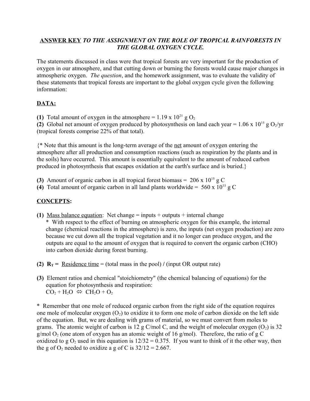 Answer Key to the Assignment on the Role of Tropical Rainforests in the Global Oxygen Cycle