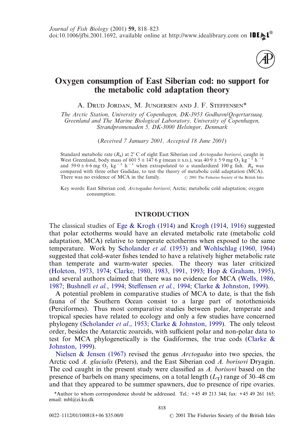 Oxygen Consumption of East Siberian Cod: No Support for the Metabolic Cold Adaptation Theory