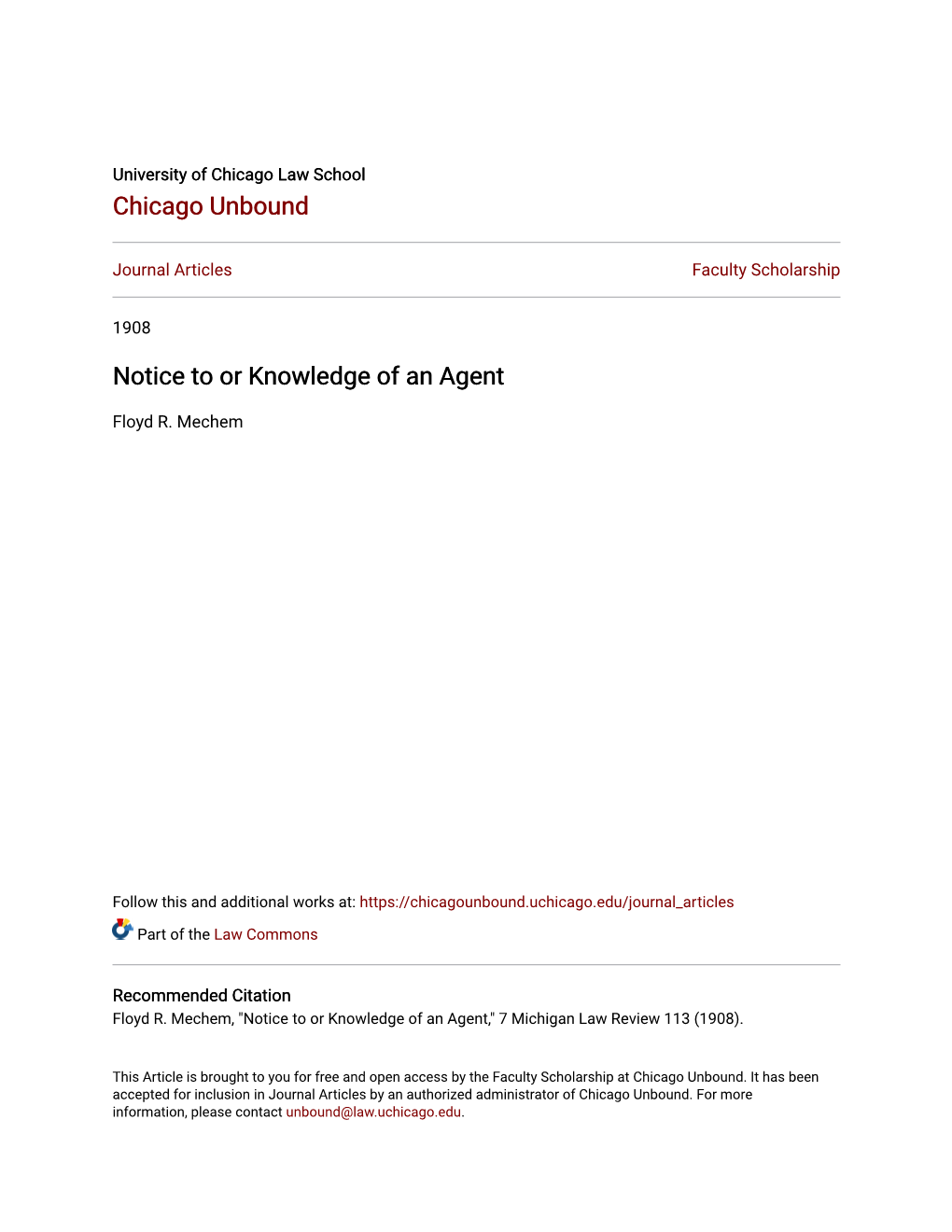 Notice to Or Knowledge of an Agent