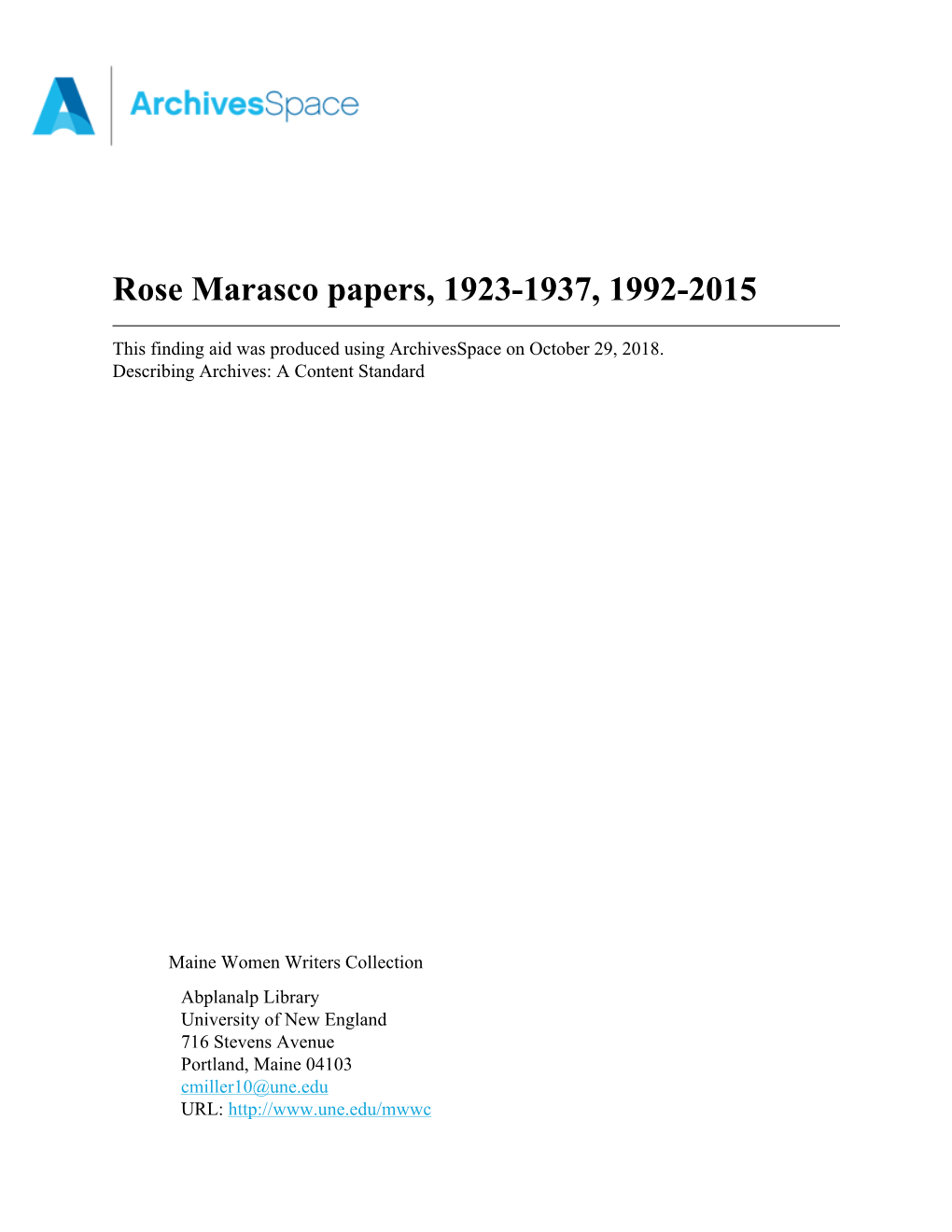 Rose Marasco Papers, 1923-1937, 1992-2015