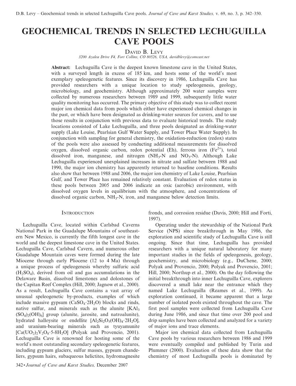 Geochemical Trends in Selected Lechuguilla Cave Pools