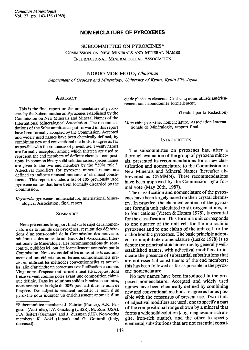 Nomenclature of Pyroxenes