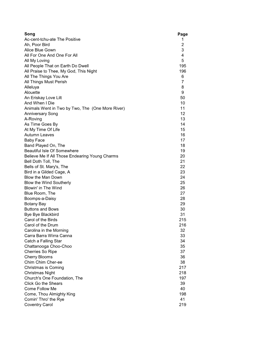 Large Print Songbook Index