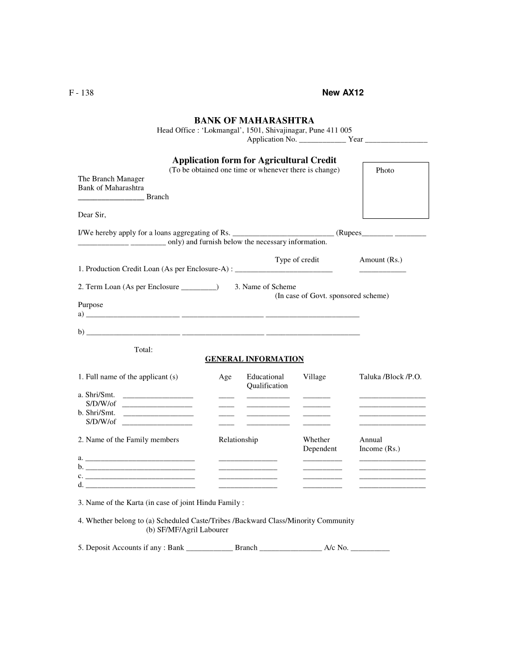 BANK of MAHARASHTRA Application Form for Agricultural Credit