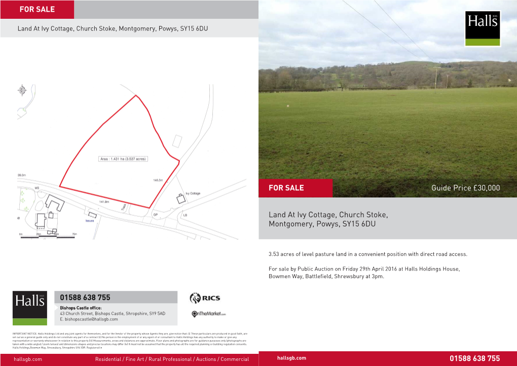 Guide Price £30,000 Land at Ivy Cottage, Church Stoke