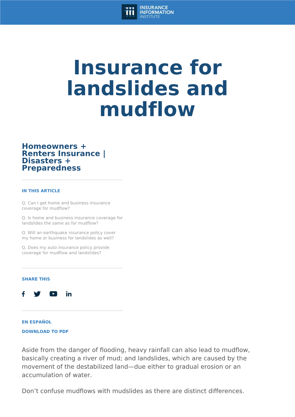 Insurance for Landslides Insurance for Landslides and Mudflow and Mudflow