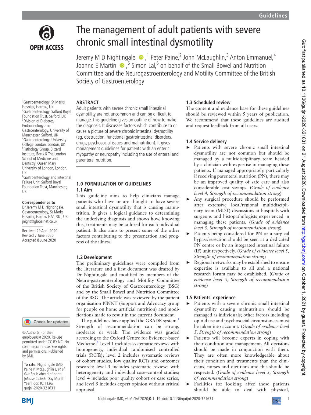 The Management of Adult Patients with Severe Chronic Small Intestinal Dysmotility Gut: First Published As 10.1136/Gutjnl-2020-321631 on 21 August 2020