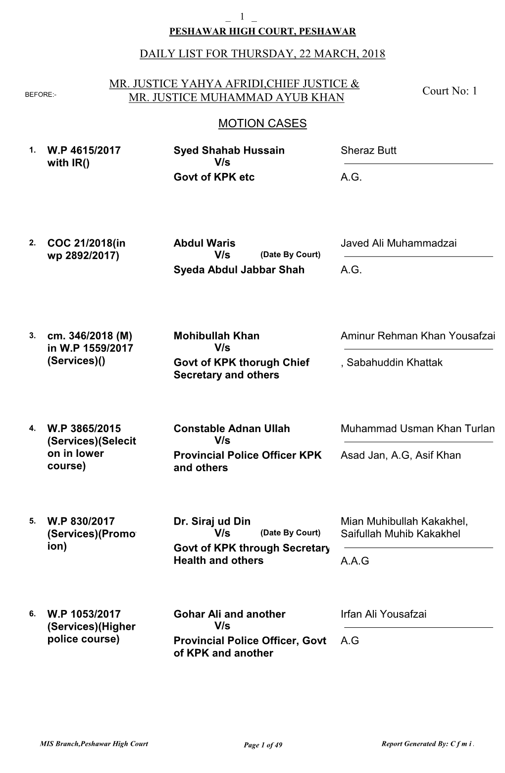 Daily List for Thursday, 22 March, 2018 Motion Cases Mr. Justice Yahya Afridi,Chief Justice & Mr. Justice Muhammad Ayub Khan