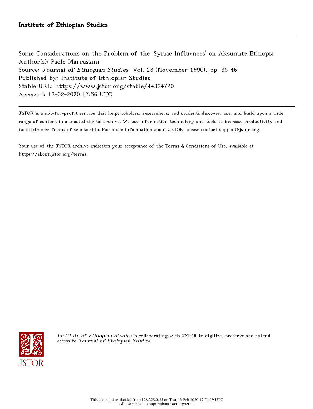 Some Considerations on the Problem of the 'Syriac Influences' on Aksumite Ethiopia Author(S): Paolo Marrassini Source: Journal of Ethiopian Studies, Vol