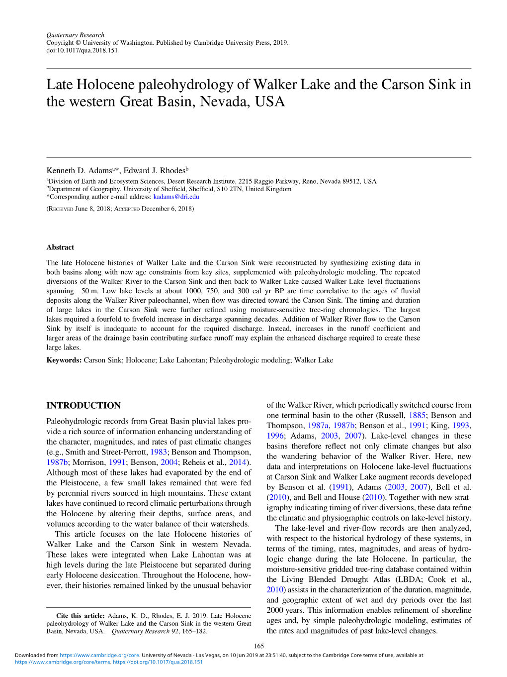 Late Holocene Paleohydrology of Walker Lake and the Carson Sink in the Western Great Basin, Nevada, USA