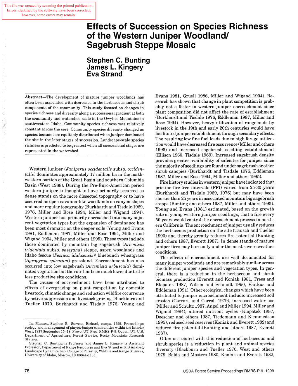 Effects of Succession on Species Richness of the Western Juniper Woodlandl Sagebrush Steppe Mosaic