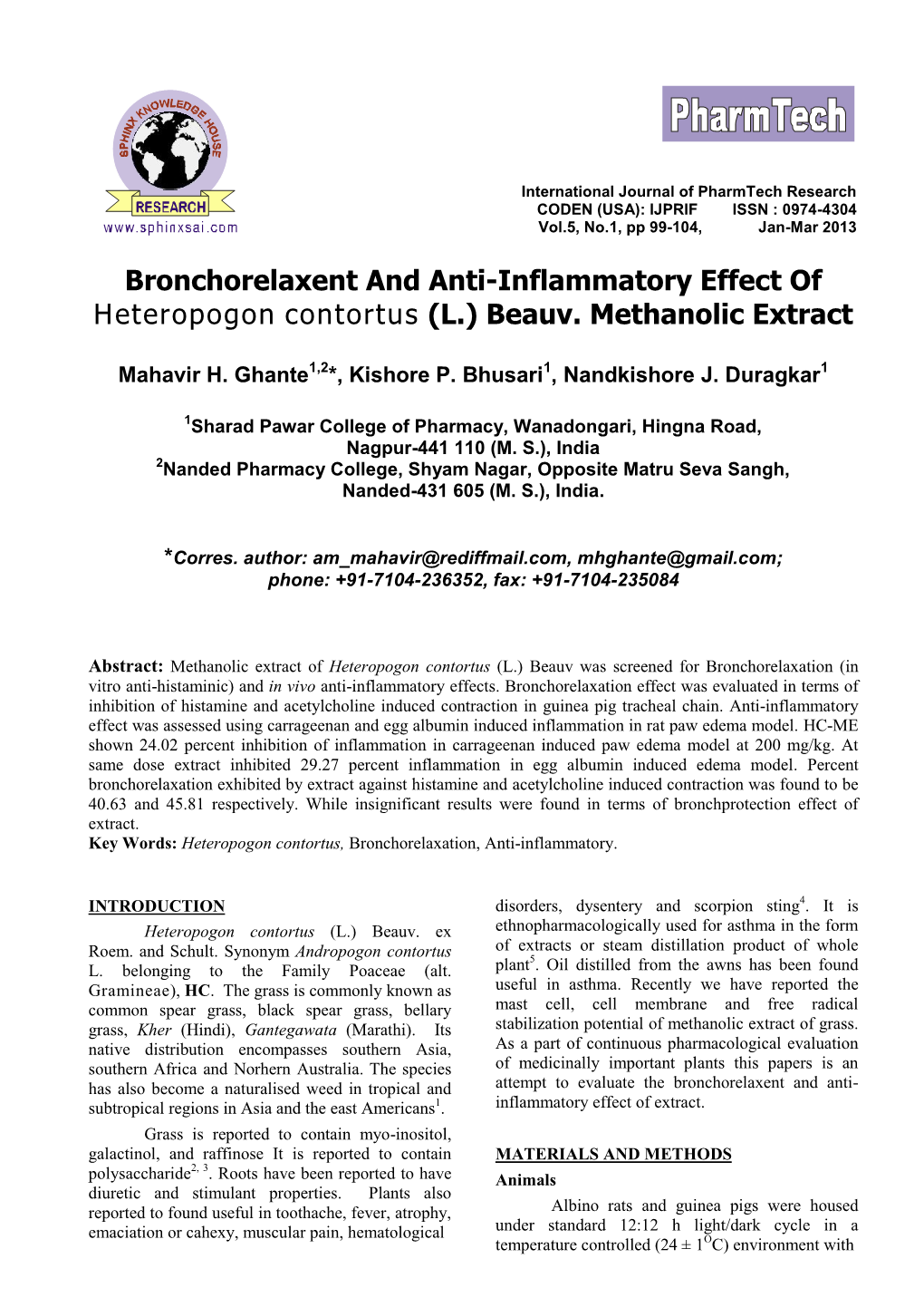 Bronchorelaxent and Anti-Inflammatory Effect of Heteropogon Contortus (L.) Beauv