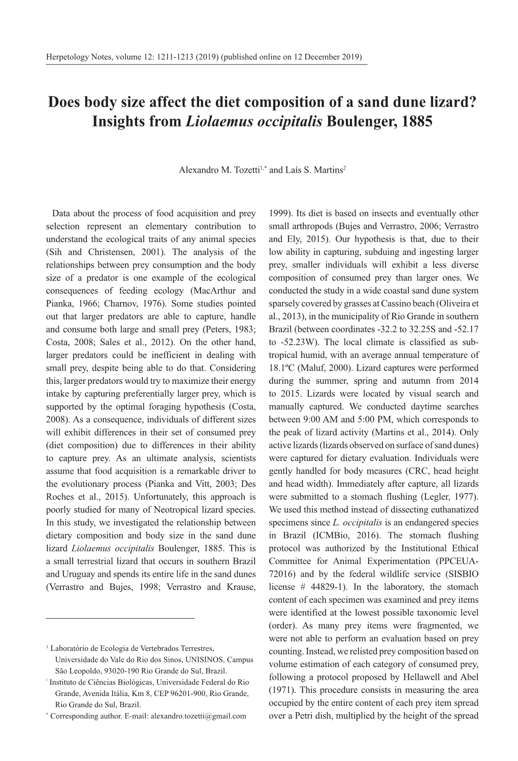 Does Body Size Affect the Diet Composition of a Sand Dune Lizard? Insights from Liolaemus Occipitalis Boulenger, 1885