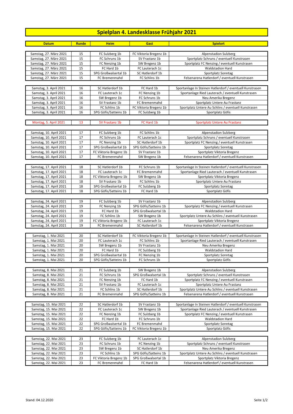 Spielplan 4. Landesklasse Frühjahr 2021