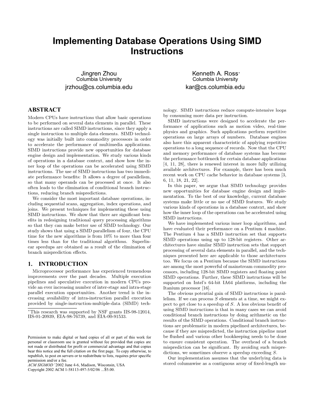 Implementing Database Operations Using SIMD Instructions