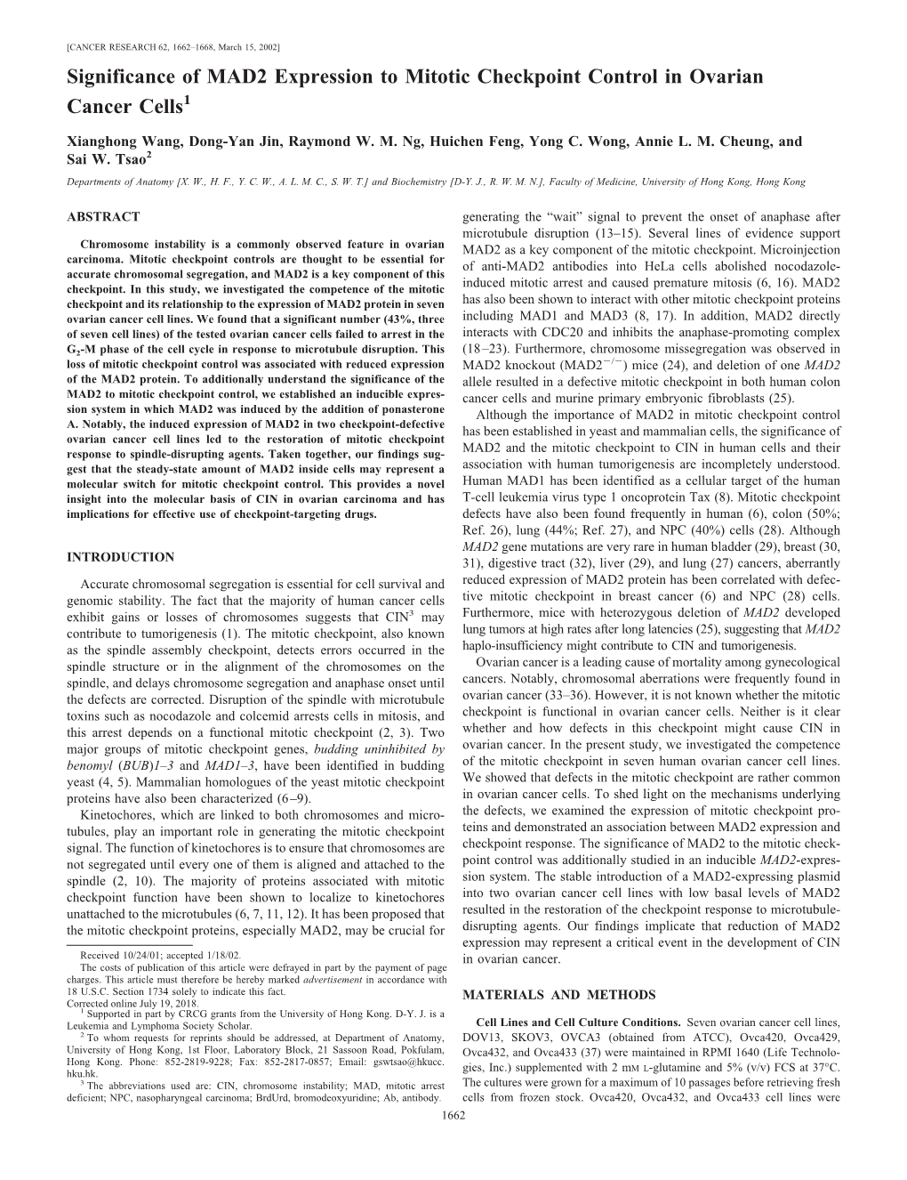 Significance of MAD2 Expression to Mitotic Checkpoint Control in Ovarian Cancer Cells1