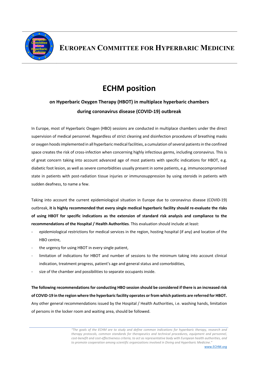 ECHM Position on HBOT and COVID-19 (16Th March 2020)(Signed)